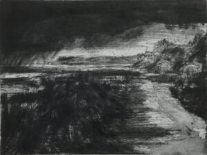 Image of an etching capturing a storm at Llanddona