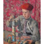 painting by Evan Walters of a boy playing with bricks. He is wearing a red beret.