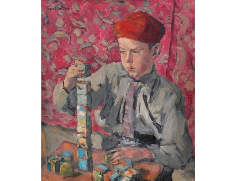 painting by Evan Walters of a boy playing with bricks. He is wearing a red beret.