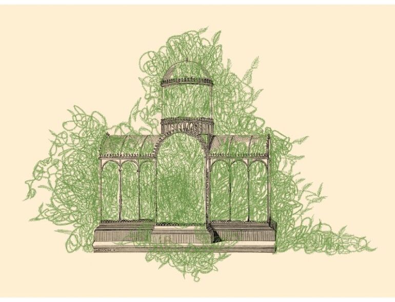 Image of a glass case with sketch of plants escaping out of it